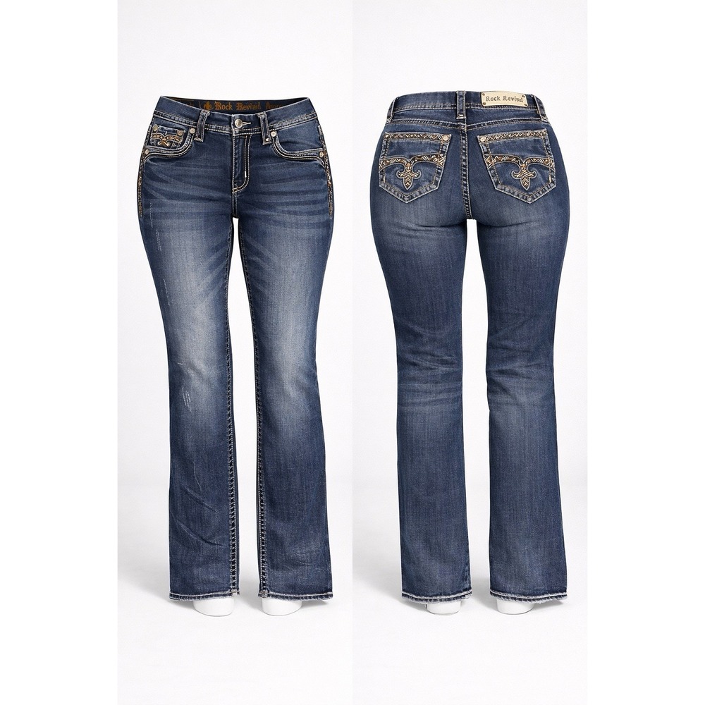 Rock Revival Jeans Women's 28 Jazlyn BOOT Mid Rise Stretch EMBROIDERED TRIBLAL